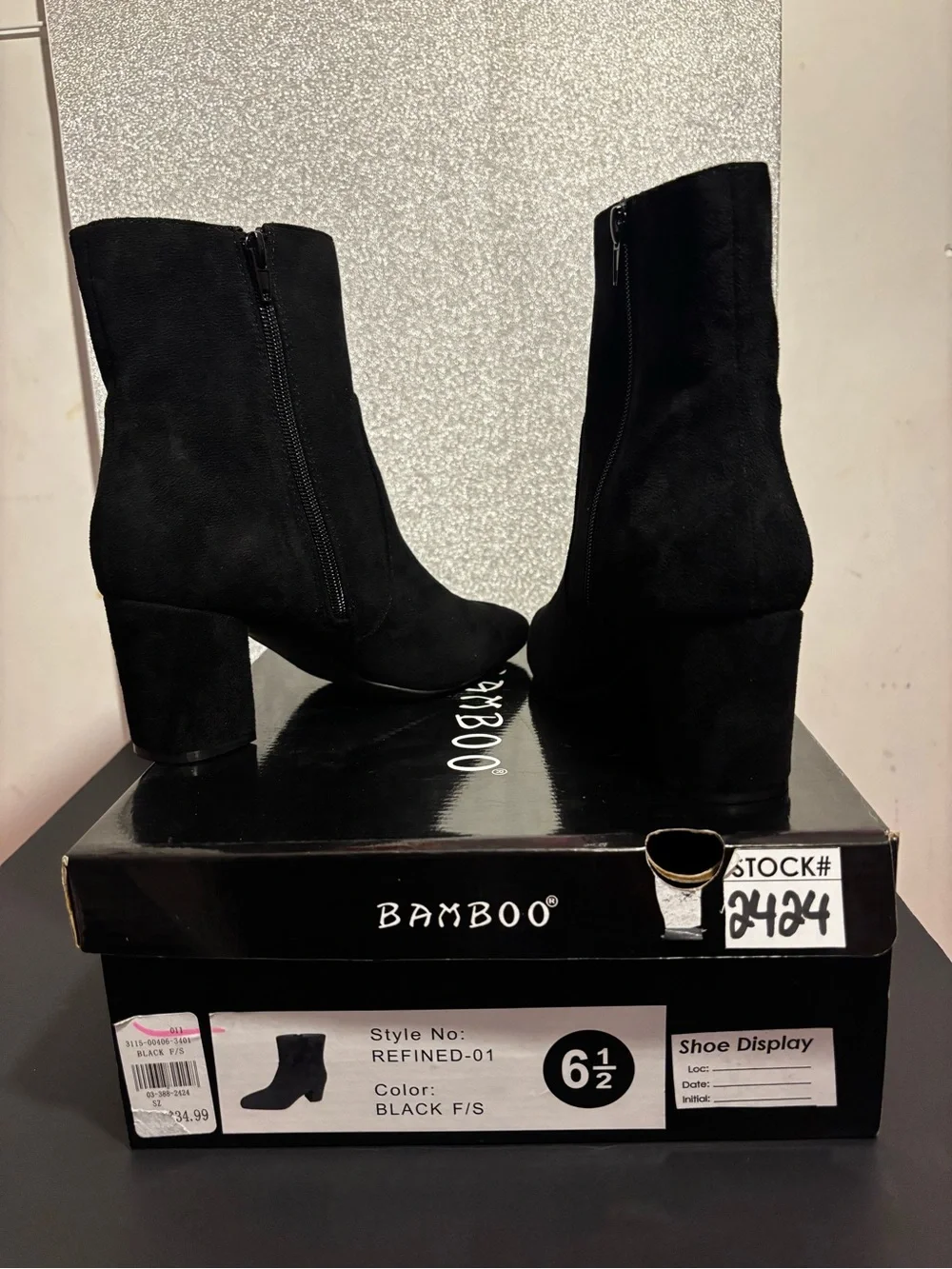 BAMBOO Black Suede-Look Ankle Boots with Block Heel